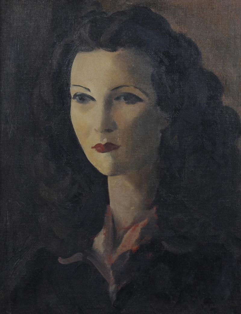 Artwork by Jacob Kramer, Portrait of a woman, head and shoulders, wearing a dark dress with red shirt collar, Made of oil on canvas laid on board