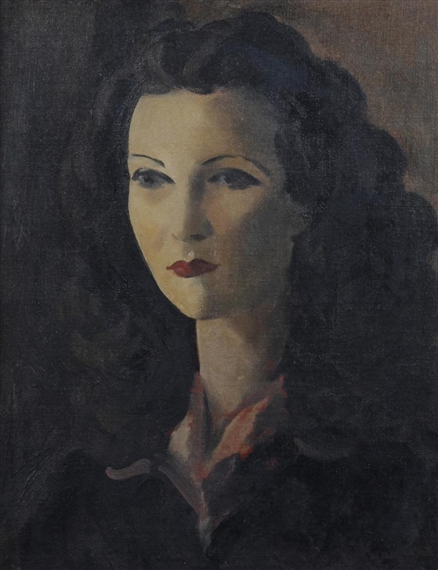 Portrait of a woman, head and shoulders, wearing a dark dress with red shirt collar by Jacob Kramer