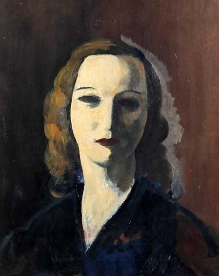Portrait of a woman, head and shoulders, wearing a dark blue dress with flecks of red by Jacob Kramer