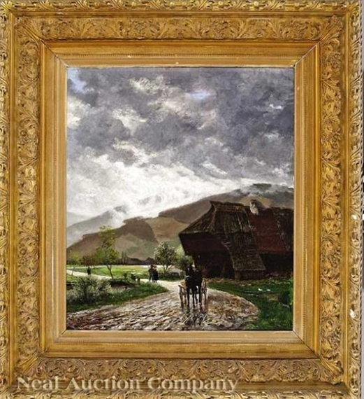 Pedestrians and Carts Beside a Barn, on a Road Leading to a Village by Karl Lindemann - Frommel