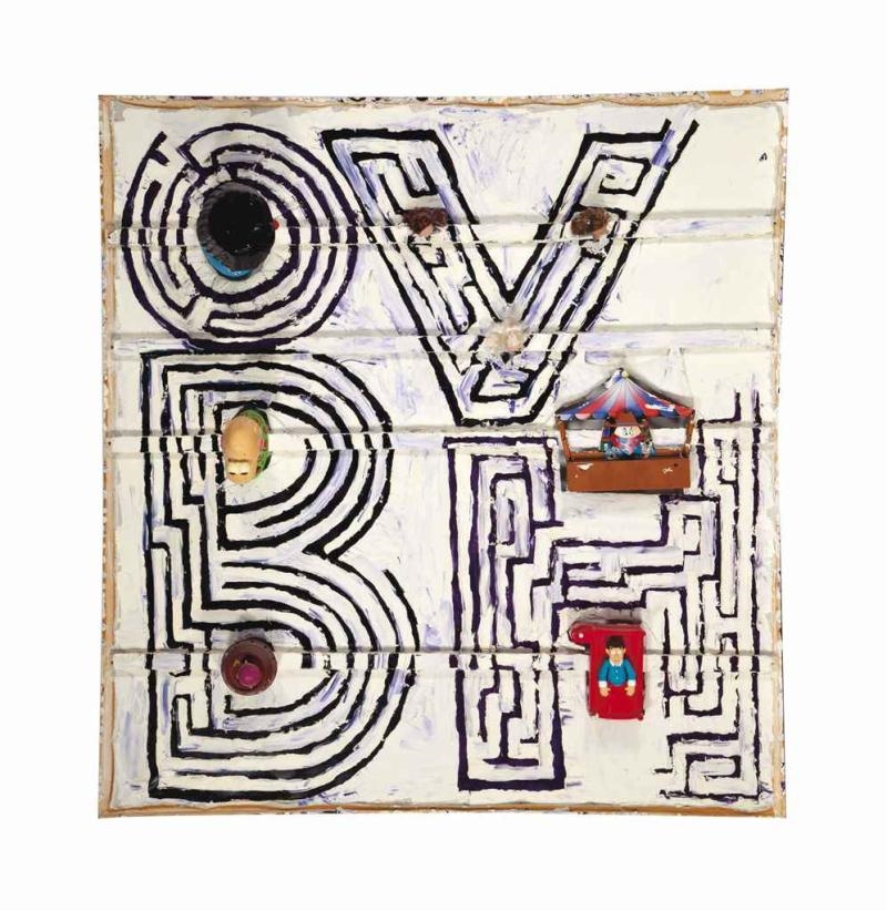 Artwork by Mike Cloud, Untitled, Made of oil on canvas mounted on a wooden framework and strips, with plastic toys, doll's heads and nails