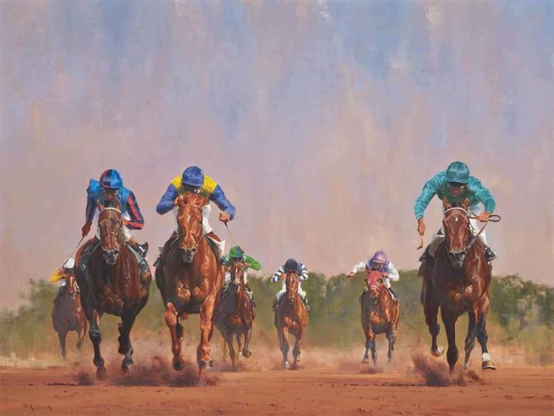 Artwork by Peter Smith, Three at the wire, Made of oil on canvas