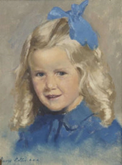 Portrait Of A Little Girl, shoulder length, with a blue ribbon in her hair by George Collie