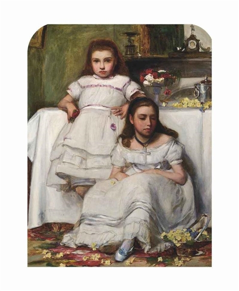 Portrait of two girls, dressed in white by Frank Holl, 1869
