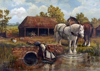 Farmyard with Horses, Young Boy and Toy Boat - John Edmund Mace