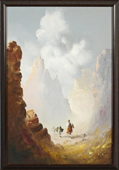 A hazy canyon landscape with a group of riders navigating a narrow path between towering rock formations.