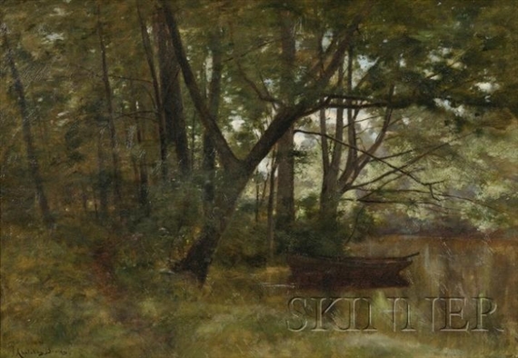 John Appleton Brown | View of a Rowboat on a Wooded Lake Shore | MutualArt