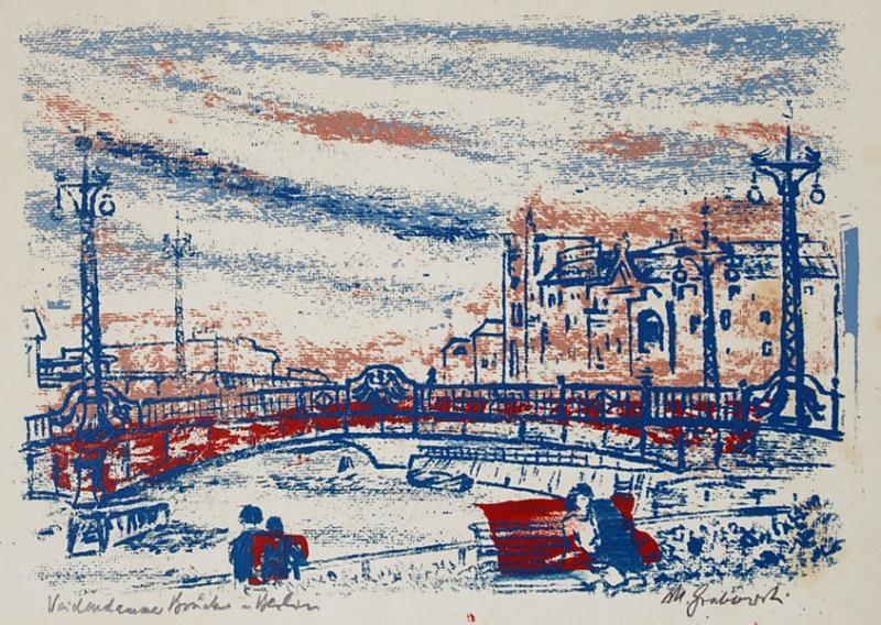 Artwork by Max Grabovski, Weidendammer Brücke in Berlin, Made of wood-cut