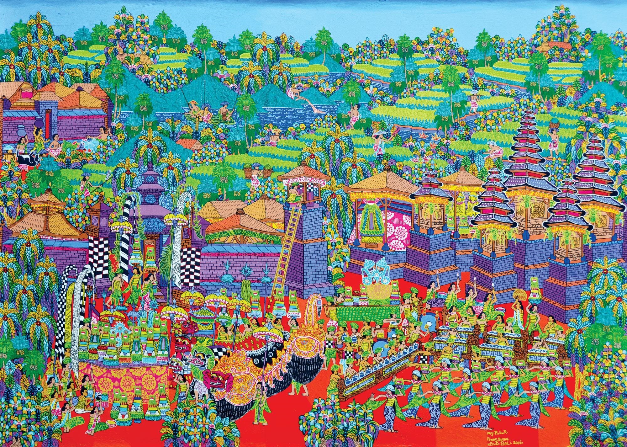 Artwork by I Wayan Pugur, Upacara di Pura, Made of acrylic on canvas