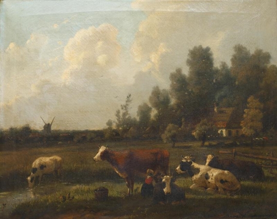 Cattle watering in a pastoral landscape by Rosa Venneman, 1871
