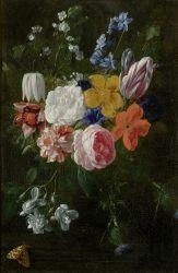 Bouquet of flowers with roses and tulips by Nicolaes van Veerendael