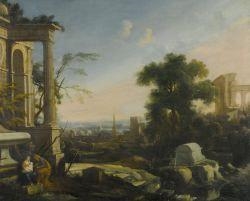 Artwork by Pierre Antoine Patel, Rest on the flight into Egypt in a landscape with ruins, Made of Oil on canvas