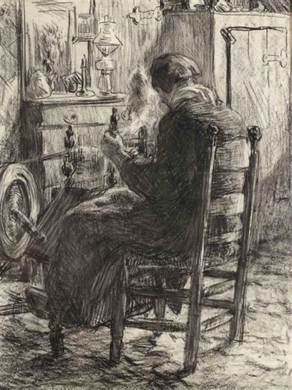 A woman working on the spinning wheel by Willy Sluiter, 1896