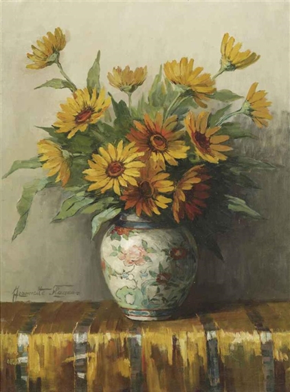 A still life with flowers in a vase by Jeannette Slager