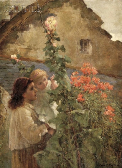 Young Woman Holding a Child Beside Hollyhocks by Constance Copeman, 1896