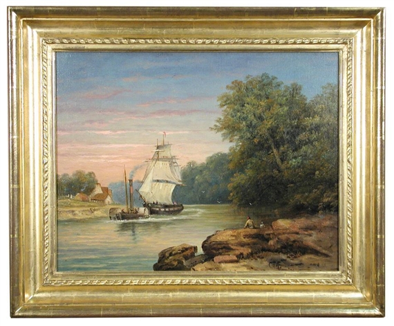 On the Avon, near Bristol, with a sailing ship and steam tug on an estuary by Christopher Mark Maskell