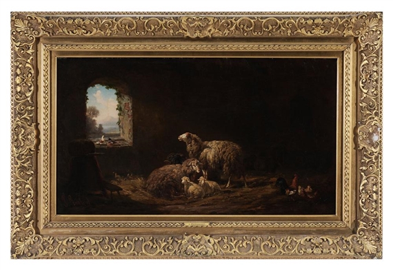 Louis Reinhardt | Barn Interior With Sheep and Chickens | MutualArt