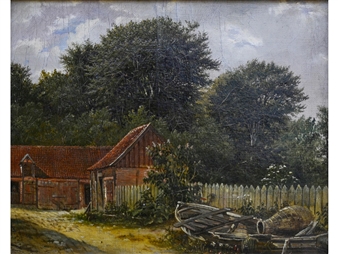 Farm buildings with a rowing boat and an eel trap - Lauritz Rasmus Lyngbye