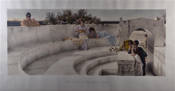 A classical scene depicting figures in flowing robes within a tiered stone amphitheater.