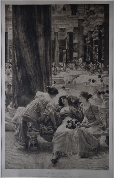 A monochromatic etching of three women in a grand, columned hall with a bustling background scene.