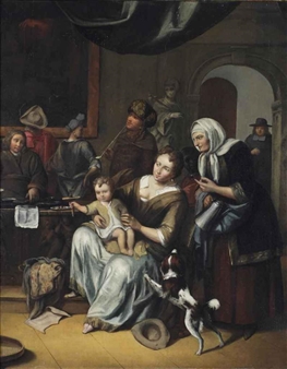 A mother and child and other figures in an interior - Frans Decker
