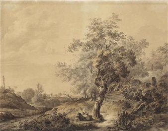 A pastoral landscape with figures resting under a tree near a shed - Cornelis van Hardenbergh