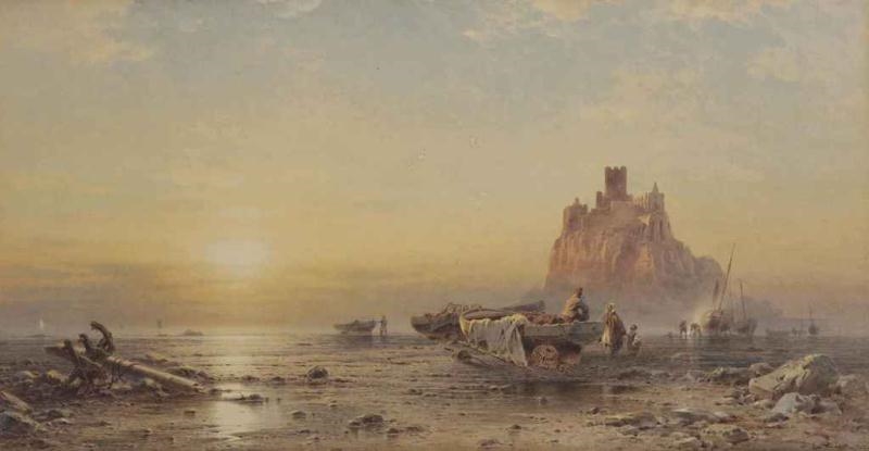 Artwork by E. Rieck, A view of the Mont Saint Michel with fisherfolk on the banks, Made of watercolour on paper