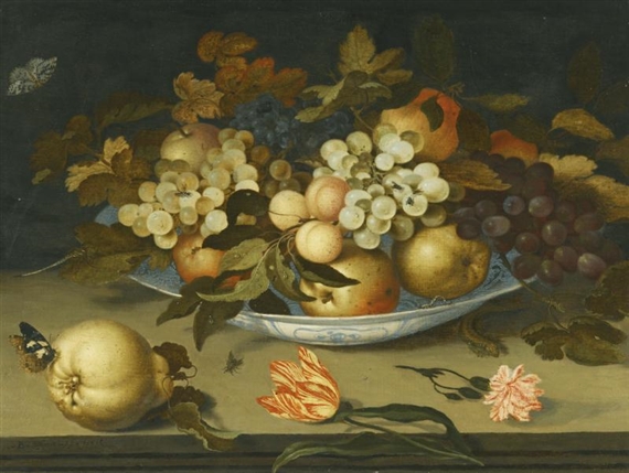 A STILL LIFE WITH A DELFT BOWL CONTAINING FRUIT, ON A LEDGE WITH FLOWERS,... by Balthasar van der Ast