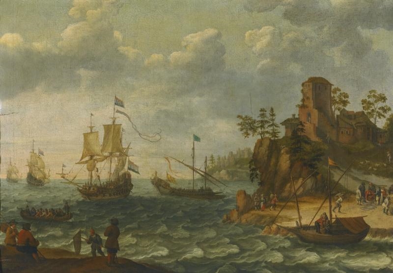 Artwork by Abraham Willaerts, SHIPS MOORED OFF A ROCKY COASTLINE WITH FISHERMEN UNLOADING THEIR CATCH, Made of oil on canvas, laid on panel