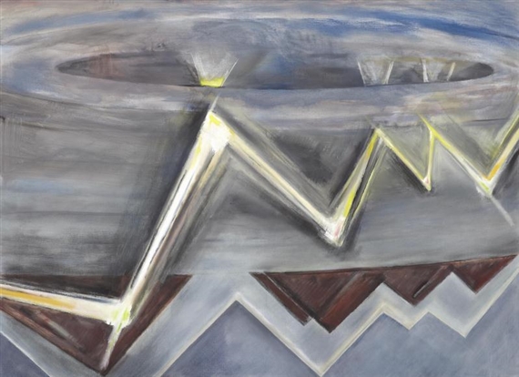 A geometric abstract composition featuring layered zigzag shapes in a cool, muted color palette.