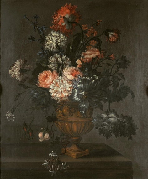 Still life of carnations and other flowers in a stone urn by Pieter Hardimé