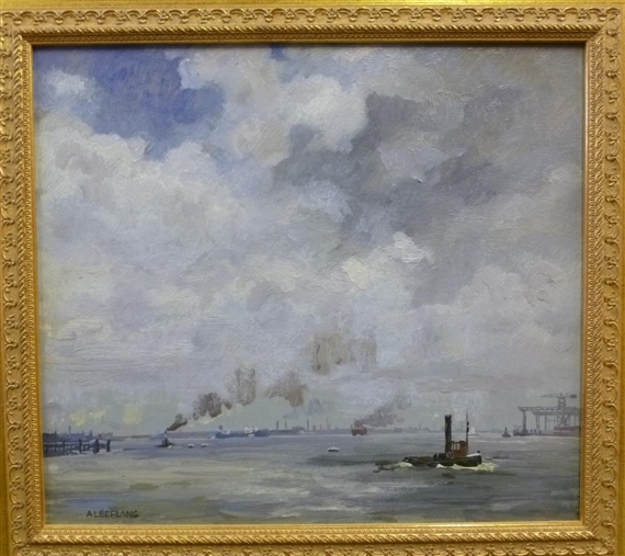 Tugs and other shipping off a harbour, possibly Rotterdam by Arie Leeflang