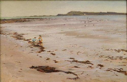 Two Children Playing on The Beach by David Farquharson