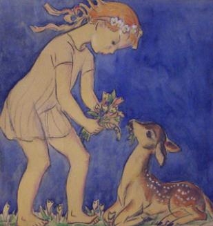 GIRL FEEDING FAWN - Grace Norcross