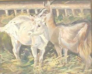 A pastoral painting of two light-colored horses standing in a sunlit field.