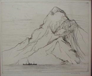 2 Works: Sailboat & formation of geese and Freighter in fjord - William H. Drury