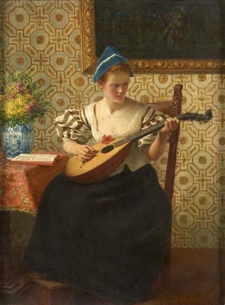 Artwork by Gustav Köhler, LADY WITH A MANDOLIN, Made of oil on panel