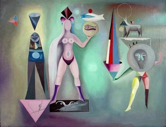 A surreal composition of stylized figures and geometric shapes against a muted green background.