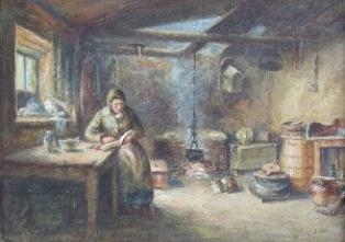A COTTAGE INTERIOR WITH READING WOMAN by Chris Meadows