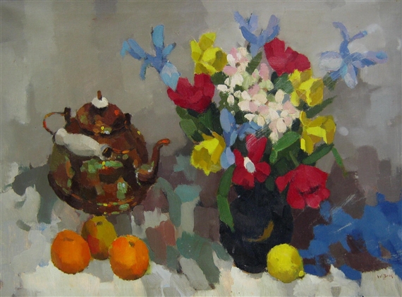 Floral Still Life with Teapot & Fruit by Anna Carolina van den Berg