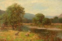 SHEEP GRAZING ON A RIVERBANK by Thomas Hope Mckay