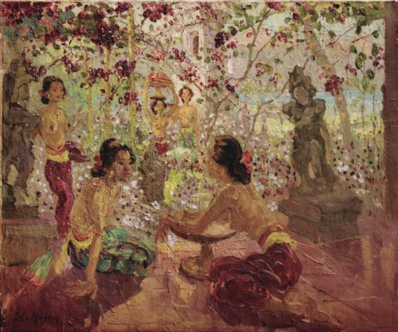 WOMEN IN THE GARDEN PREPARING OFFERINGS by Adrien Jean Le Mayeur de Merprés