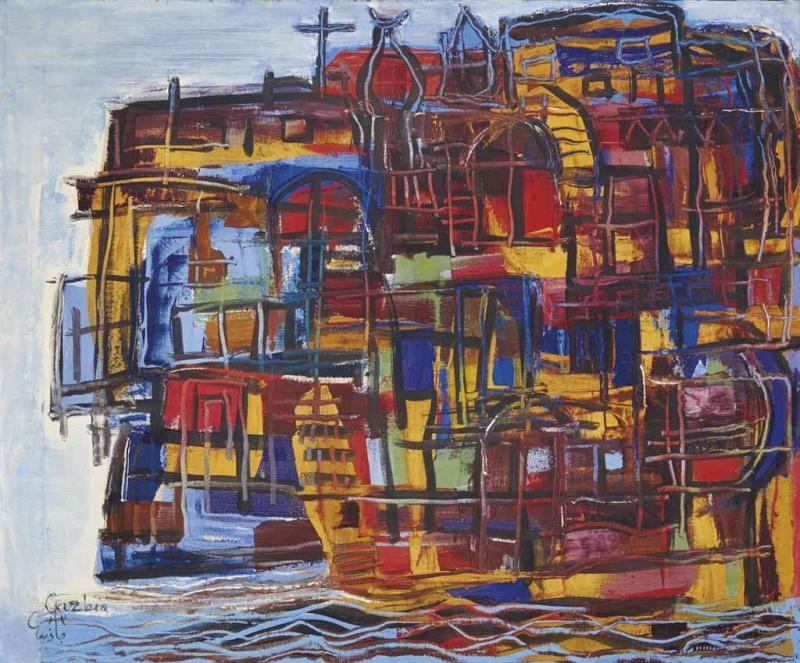 Artwork by Gazbia Sirry, Maisons Flottantes sur le Nil (Floating Houses on the Nile), Made of oil on canvas