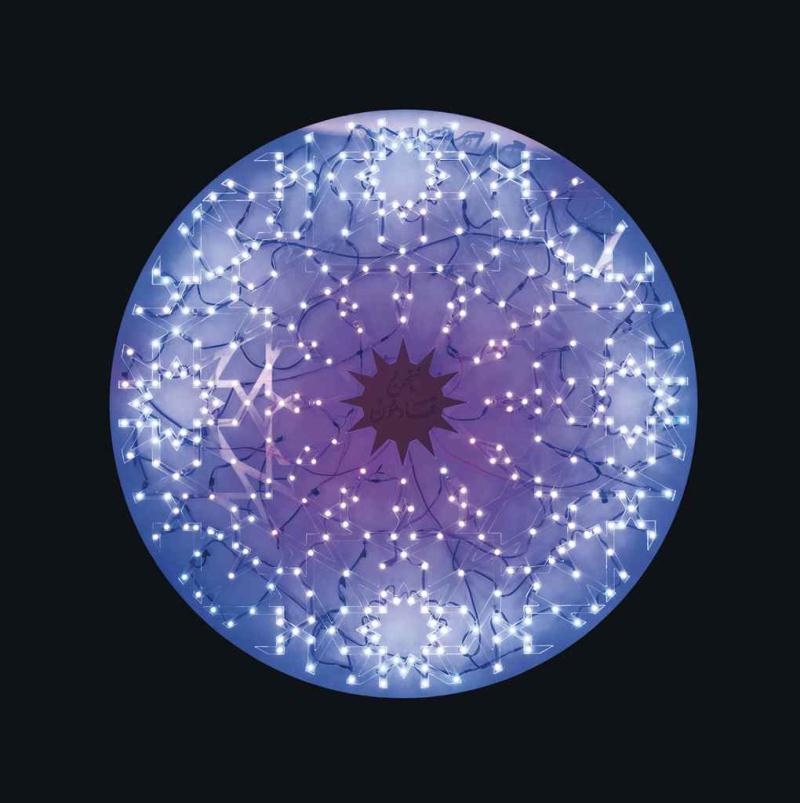 Artwork by Qaswra Hafez, Enlightenment, Made of LED bulb lamps on acrylic and wood