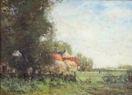 A HARVEST LANDSCAPE WITH COTTAGES - John George Mathieson