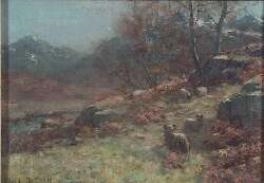 Artwork by Thomas Hope Mckay, SHEEP GRAZING ON A HILLSIDE, Made of oil on canvas