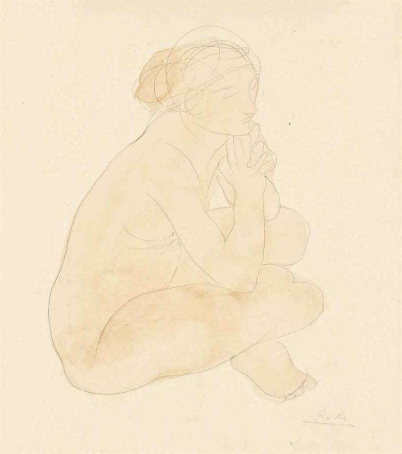 Artwork by Auguste Rodin, Femme nue, assise en tailleur, vers la droite, les mains jointes sous le menton, Made of watercolour and graphite on paper