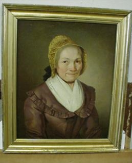PORTRAIT OF AN OLD LADY WEAVING A BONNET by American School, 18th Century