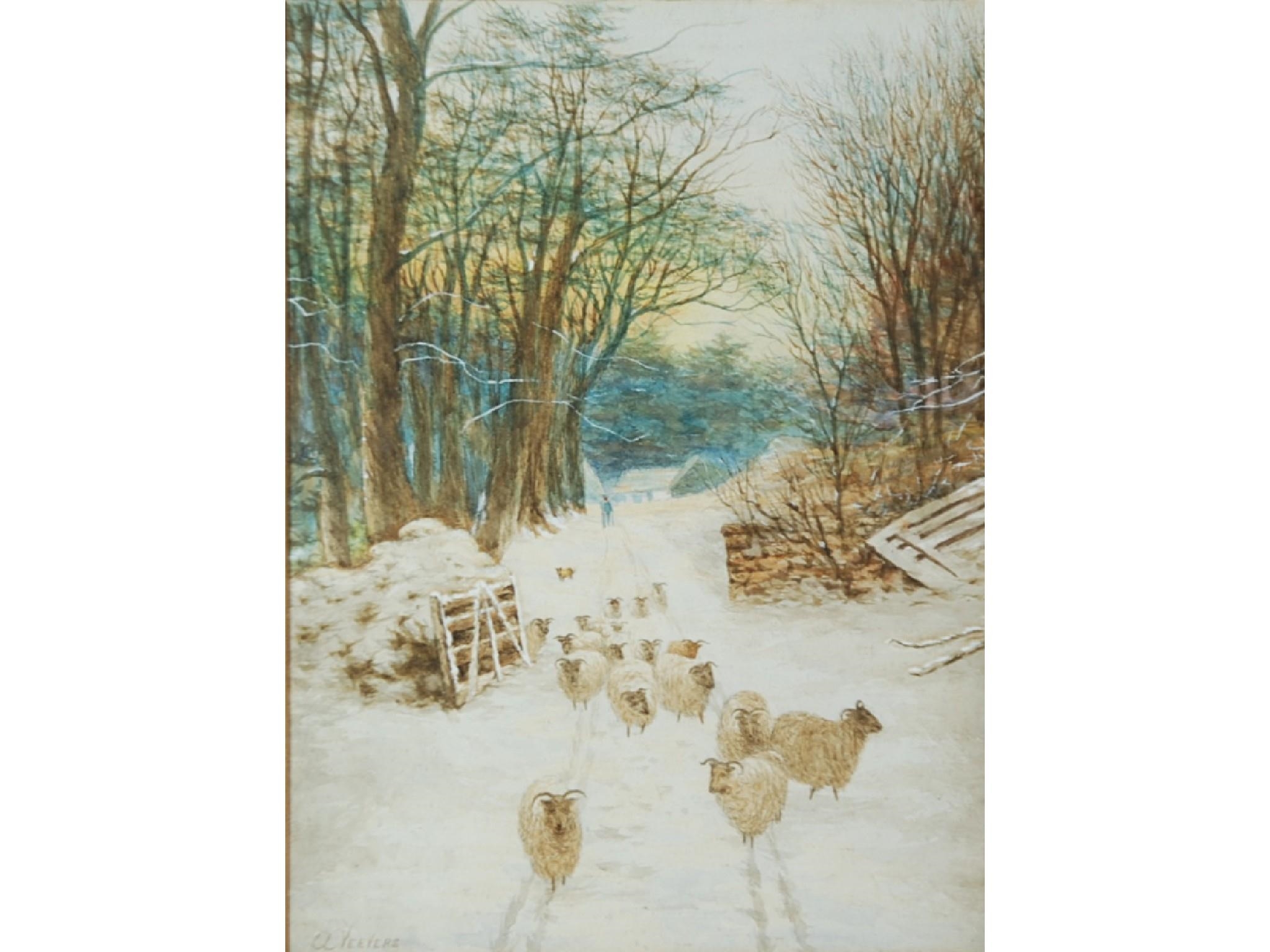 Artwork by U. Veevers, Snow scene with sheep on a lane, Made of Watercolour drawing