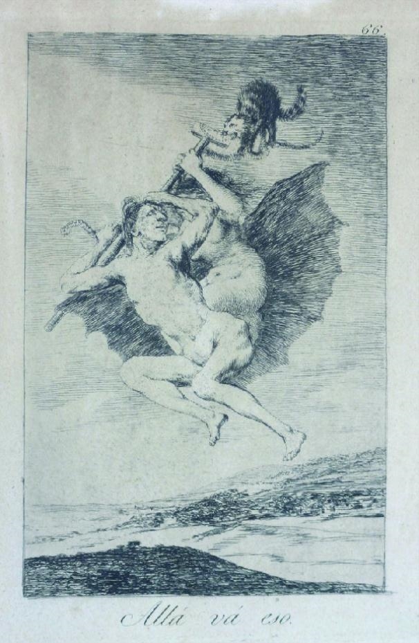 Two prints from Los Caprichos titled "Alla Va Eso" and "No Te Escaparas" by Francisco José de Goya y Lucientes
